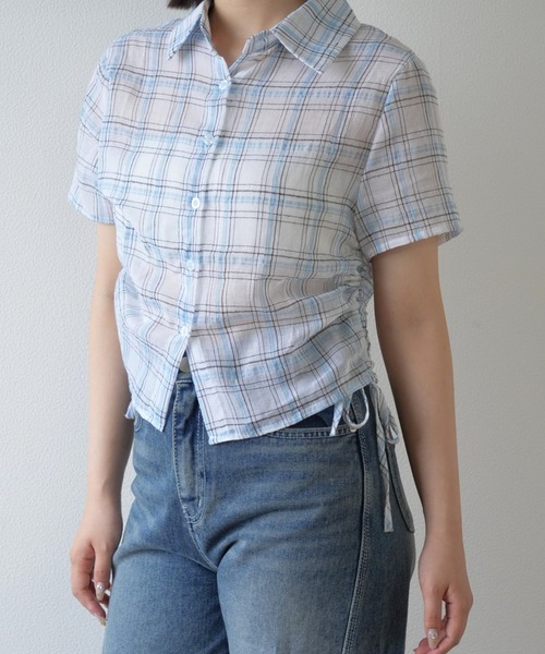 Enewd nina(エニュードニーナ)の「【zozo限定】シアー 半袖 サイドギャザー チェックシャツ(シャツ/ブラウス・レディース・ネイビー/ホワイト・FREE)」の1枚目の写真