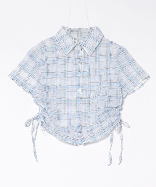 Enewd nina(エニュードニーナ)の「【zozo限定】シアー 半袖 サイドギャザー チェックシャツ(シャツ/ブラウス・レディース・ネイビー/ホワイト・FREE)」の4枚目の写真