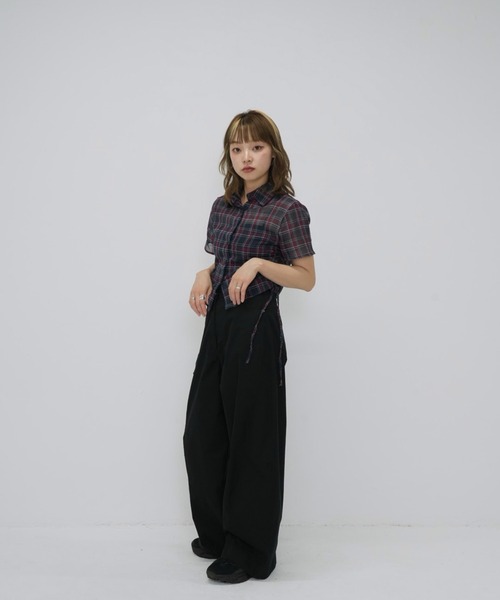Y2K♡ギャザー サイドドロストシャツ チェック パープル系 セール】【zozo限定】シアー 半袖 サイドギャザー チェック