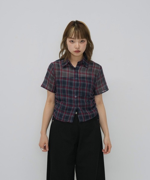 セール】【zozo限定】シアー 半袖 サイドギャザー チェック