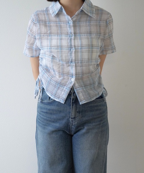 セール】【zozo限定】シアー 半袖 サイドギャザー チェックシャツ