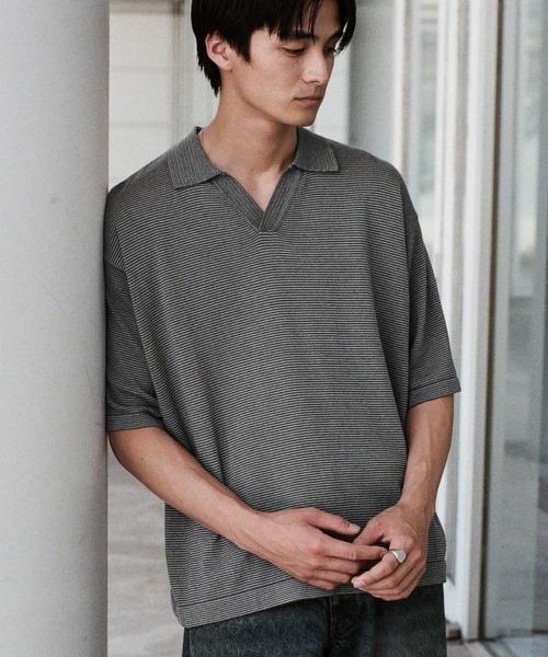 【新品・未開封】WYM LIDNM PIN BORDER KNIT POLO 赤 PIN BORDER KNIT POLO（ポロシャツ）｜WYM LIDNM（ウィム バイ