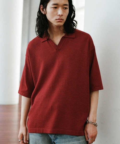 【新品・未開封】WYM LIDNM PIN BORDER KNIT POLO 赤 WYM LIDNM（ウィム バイ リドム）の「PIN BORDER KNIT POLO