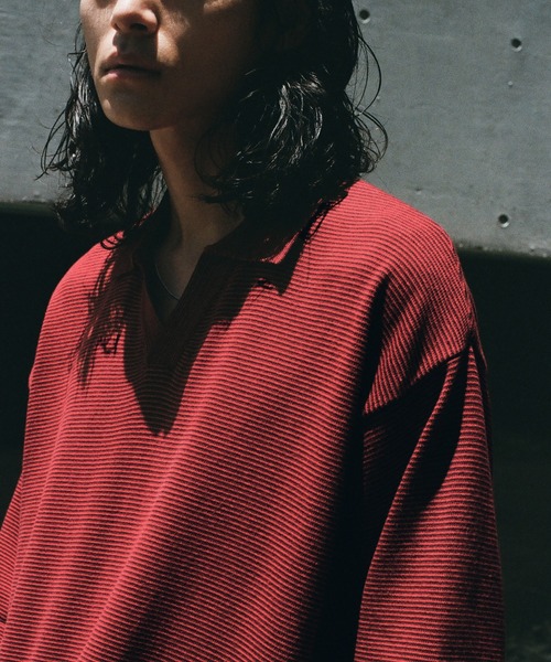 WYM LIDNM（ウィム バイ リドム）の「PIN BORDER KNIT POLO（ポロシャツ・メンズ・レッド/チャコール/グレー・S/M/L）」の13枚目の写真