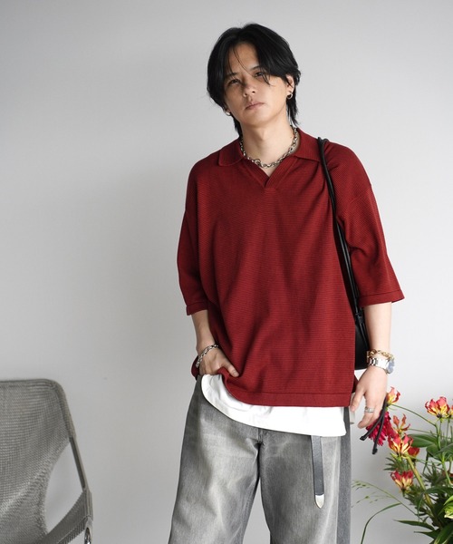 トップス wym lidnm PIN BORDER KNIT POLO PIN BORDER KNIT POLO(ポロシャツ)|WYM LIDNM(ウィム バイ