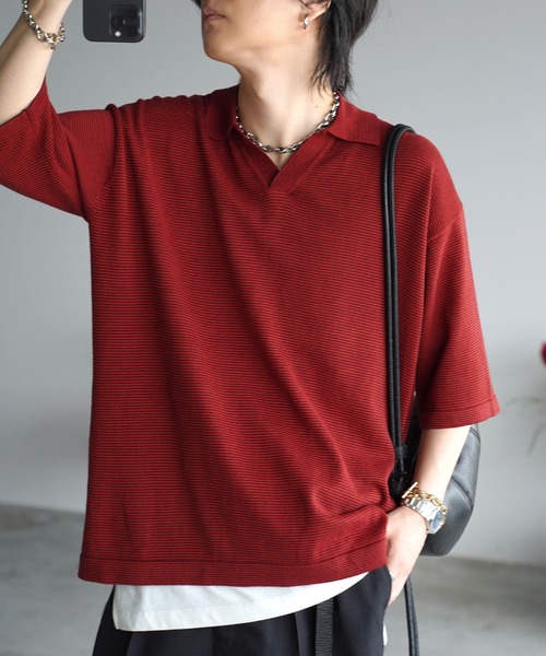 トップス wym lidnm PIN BORDER KNIT POLO PIN BORDER KNIT POLO（ポロシャツ）｜WYM LIDNM（ウィム バイ