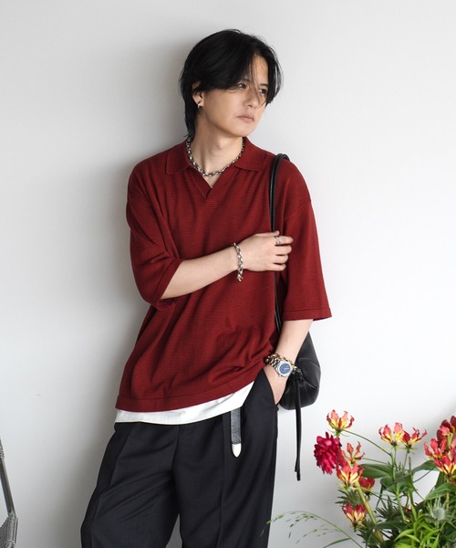 【新品・未開封】WYM LIDNM PIN BORDER KNIT POLO 赤 PIN BORDER KNIT POLO（ポロシャツ）｜WYM LIDNM（ウィム バイ