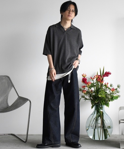 トップス WYM LIDNM PIN BORDER KNIT POLO PIN BORDER KNIT POLO（ポロシャツ）｜WYM LIDNM（ウィム バイ