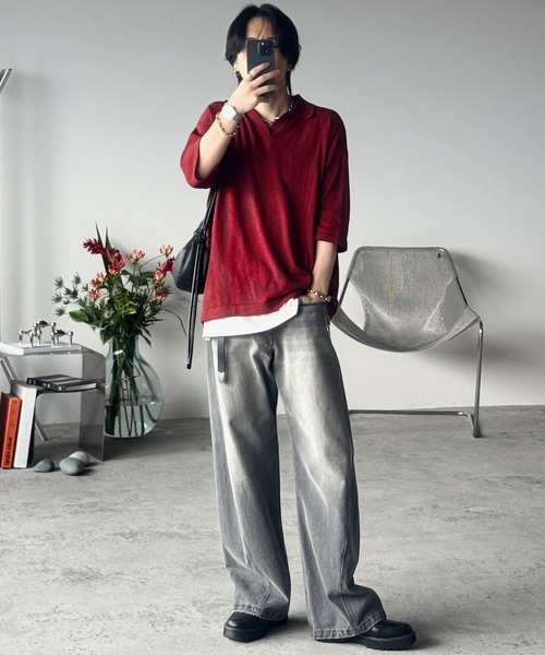 【新品・未開封】WYM LIDNM PIN BORDER KNIT POLO 赤 PIN BORDER KNIT POLO（ポロシャツ）｜WYM LIDNM（ウィム バイ