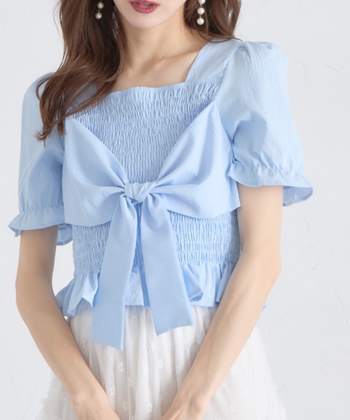 tocco closet(トッコ クローゼット)の「【ZOZO限定】フロントビッグリボンシャーリングフリル半袖ブラウス(Tシャツ/カットソー・レディース・ホワイト/ピンク/イエロー/ブルー・M)」の3枚目の写真