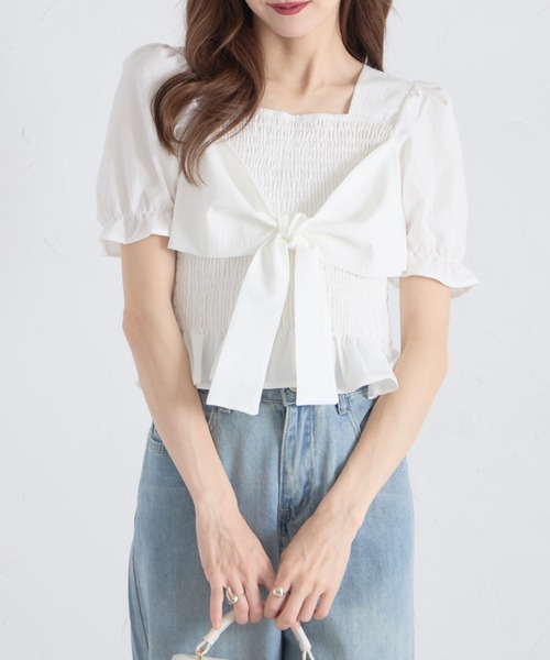 tocco closet(トッコ クローゼット)の「【ZOZO限定】フロントビッグリボンシャーリングフリル半袖ブラウス(Tシャツ/カットソー・レディース・ホワイト/ピンク/イエロー/ブルー・M)」の19枚目の写真