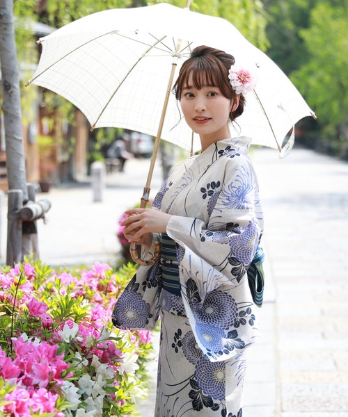 高級変わり織り　綿麻浴衣　帯セット　紫の乱菊と丸菊 変わり織り綿麻浴衣3点セット「生成り地に紫の乱菊と丸菊