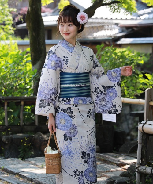 変わり織り綿麻浴衣3点セット「生成り地に紫の乱菊と丸菊