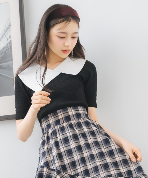 WILLSELECTION(ウィルセレクション)の「アシメカラーリブニット(ニット/セーター・レディース・ブラック/オフホワイト/ボルドー・FREE)」の4枚目の写真