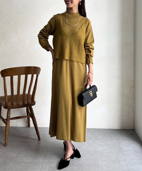Chez toi(シェトワ)の「ビスチェニット×ニットワンピース(サロペット/オーバーオール・レディース・チャコールグレー/ライム/モカ・FREE)」の22枚目の写真