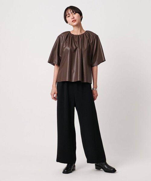 セール】レザーライク ギャザー ブラウス ウォッシャブル（シャツ