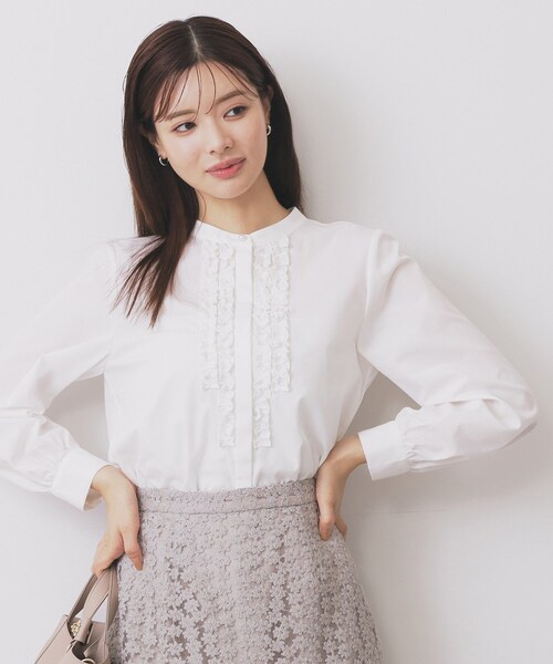 セール】バンドカラーフリルブラウス【洗濯機OK/イージーアイロン/防