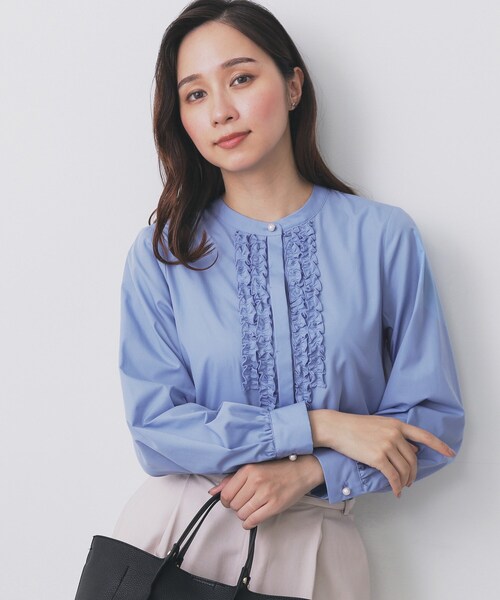 セール】バンドカラーフリルブラウス【洗濯機OK/イージーアイロン/防