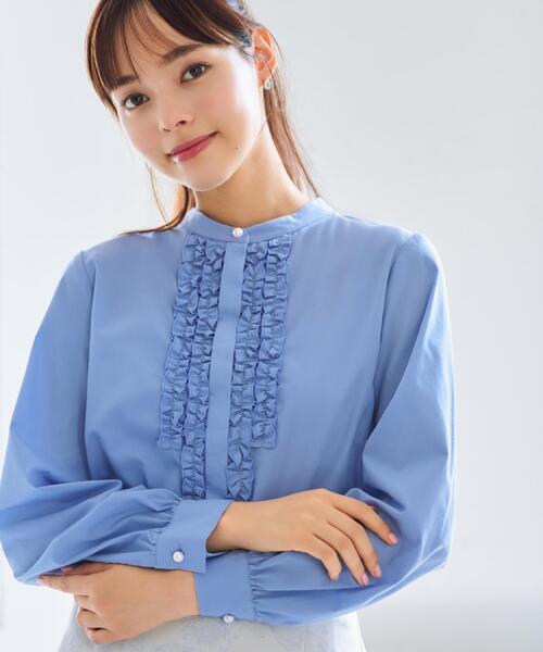 セール】バンドカラーフリルブラウス【洗濯機OK/イージーアイロン/防