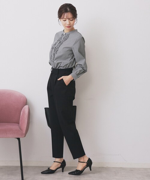 セール】バンドカラーフリルブラウス【洗濯機OK/イージーアイロン/防