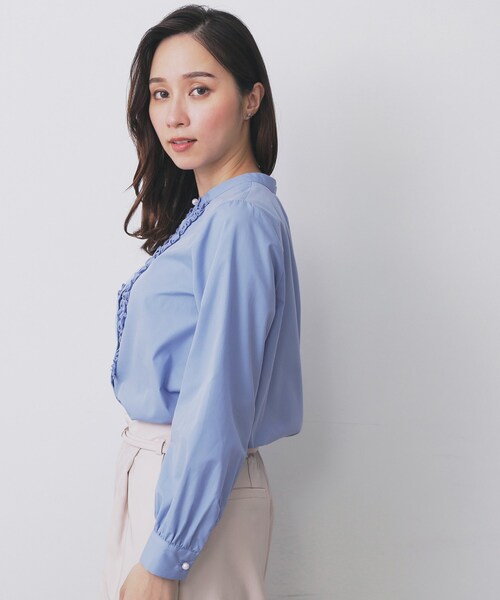 セール】バンドカラーフリルブラウス【洗濯機OK/イージーアイロン/防