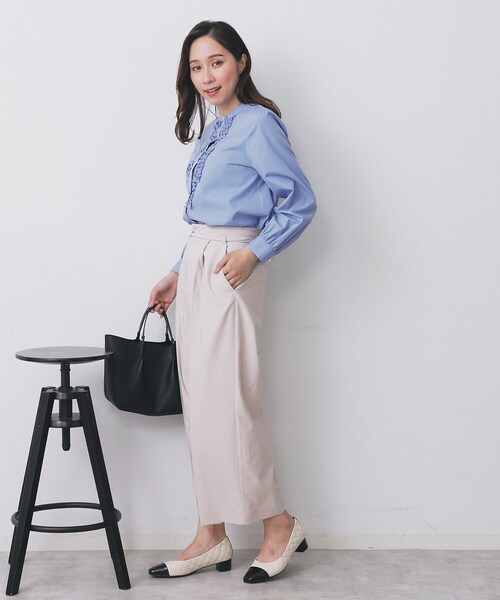 セール】バンドカラーフリルブラウス【洗濯機OK/イージーアイロン/防