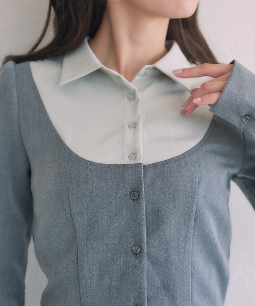 fupel(フぺル)の「Switched Shirt Blouse/ 切り替えシャツブラウス(シャツ/ブラウス・レディース・ブラック/グレー・FREE)」の4枚目の写真