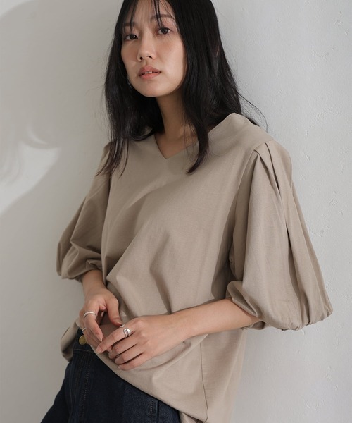 ElegChic(エレグシック)の「コットンパフスリーブTシャツ(Tシャツ/カットソー・レディース・ベージュ/ミント/ブラック/オフホワイト/チャコールグレー・M/XL/4L)」の4枚目の写真