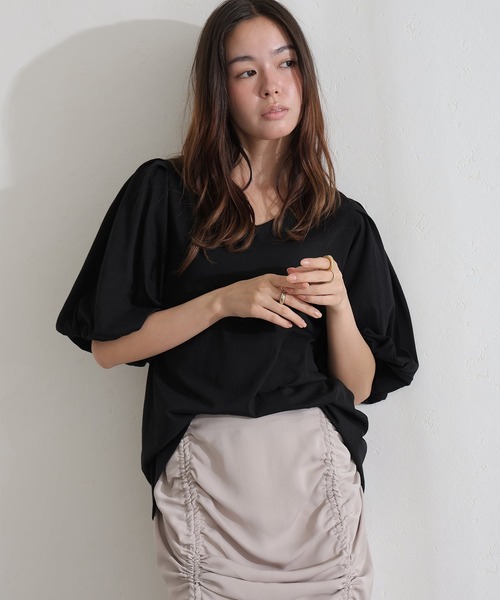 ElegChic(エレグシック)の「コットンパフスリーブTシャツ(Tシャツ/カットソー・レディース・ベージュ/ミント/ブラック/オフホワイト/チャコールグレー・M/XL/4L)」の2枚目の写真