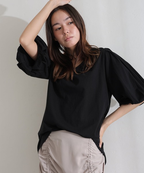 ElegChic(エレグシック)の「コットンパフスリーブTシャツ(Tシャツ/カットソー・レディース・ベージュ/ミント/ブラック/オフホワイト/チャコールグレー・M/XL/4L)」の18枚目の写真