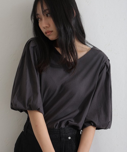 ElegChic(エレグシック)の「コットンパフスリーブTシャツ(Tシャツ/カットソー・レディース・ベージュ/ミント/ブラック/オフホワイト/チャコールグレー・M/XL/4L)」の6枚目の写真