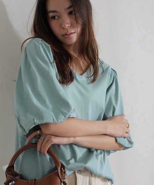 ElegChic(エレグシック)の「コットンパフスリーブTシャツ(Tシャツ/カットソー・レディース・ベージュ/ミント/ブラック/オフホワイト/チャコールグレー・M/XL/4L)」の10枚目の写真
