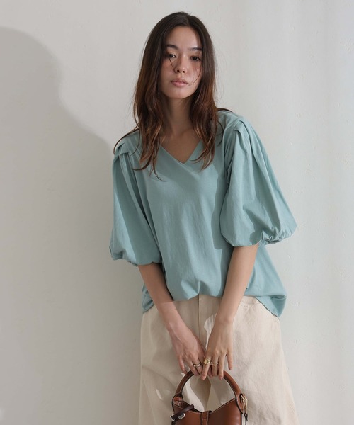 ElegChic(エレグシック)の「コットンパフスリーブTシャツ(Tシャツ/カットソー・レディース・ベージュ/ミント/ブラック/オフホワイト/チャコールグレー・M/XL/4L)」の12枚目の写真