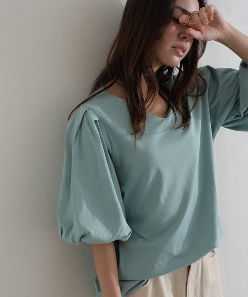 ElegChic(エレグシック)の「コットンパフスリーブTシャツ(Tシャツ/カットソー・レディース・ベージュ/ミント/ブラック/オフホワイト/チャコールグレー・M/XL/4L)」の13枚目の写真