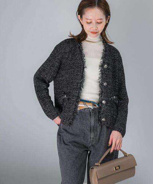 URBAN RESEARCH ROSSO WOMEN（アーバンリサーチ　ロッソ）の「ツイードVネックカーディガン（カーディガン/ボレロ・レディース・ブラック/オフホワイト・FREE）」の2枚目の写真