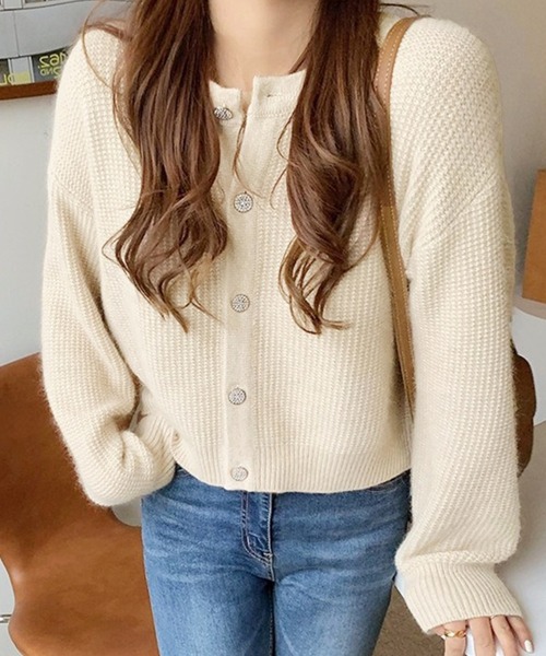 LAFFMO（ラフモ）の「クルーネックワッフルニットカーディガン（カーディガン/ボレロ・レディース・ベージュ/パープル/レッド/オレンジ/グリーン・F）」の2枚目の写真