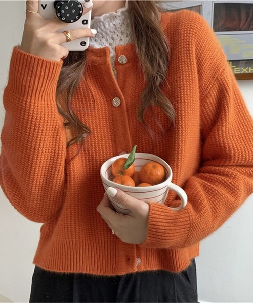 LAFFMO（ラフモ）の「クルーネックワッフルニットカーディガン（カーディガン/ボレロ・レディース・ベージュ/パープル/レッド/オレンジ/グリーン・F）」の13枚目の写真