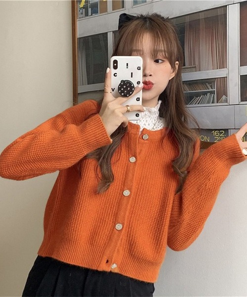 LAFFMO（ラフモ）の「クルーネックワッフルニットカーディガン（カーディガン/ボレロ・レディース・ベージュ/パープル/レッド/オレンジ/グリーン・F）」の12枚目の写真