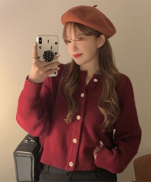 LAFFMO（ラフモ）の「クルーネックワッフルニットカーディガン（カーディガン/ボレロ・レディース・ベージュ/パープル/レッド/オレンジ/グリーン・F）」の7枚目の写真