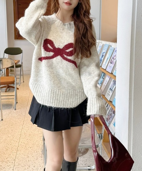 Ada.(エイダ)の「リボンモチーフ クルーネック モヘアタッチ ニット(ニット/セーター・レディース・アイボリー/ライトグレー/チャコール・FREE)」の6枚目の写真