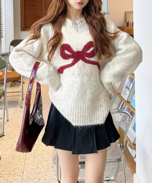 Ada.(エイダ)の「リボンモチーフ クルーネック モヘアタッチ ニット(ニット/セーター・レディース・アイボリー/ライトグレー/チャコール・FREE)」の4枚目の写真