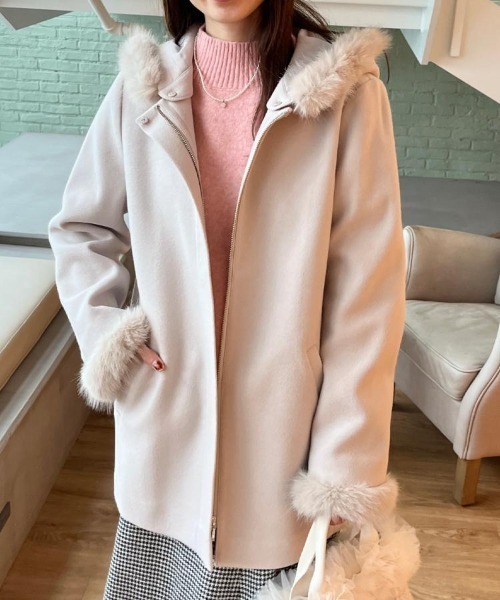 大人可愛い・フード取り外し可能】フードフェイクファー ハーフ丈