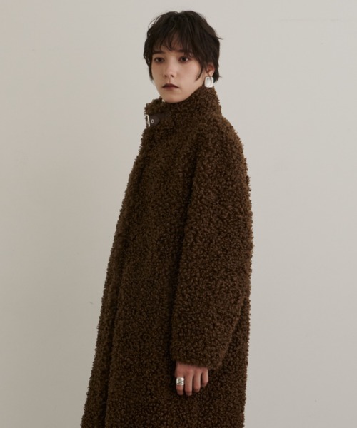 【アメリ】テントラインボアコート ブラウン ロング リバー風 フェイクレザー F ラナン RANAN ムートンライクボアロングコート （キャメル