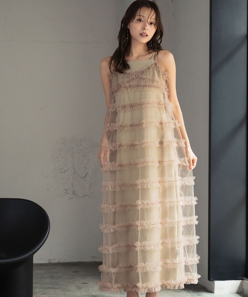 チュールレイヤードティアードワンピース サテンワンピース セット