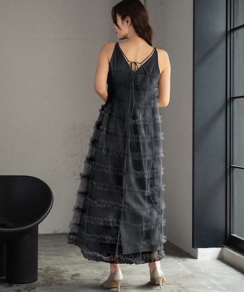 セール】チュールレイヤードティアードワンピース サテンワンピース