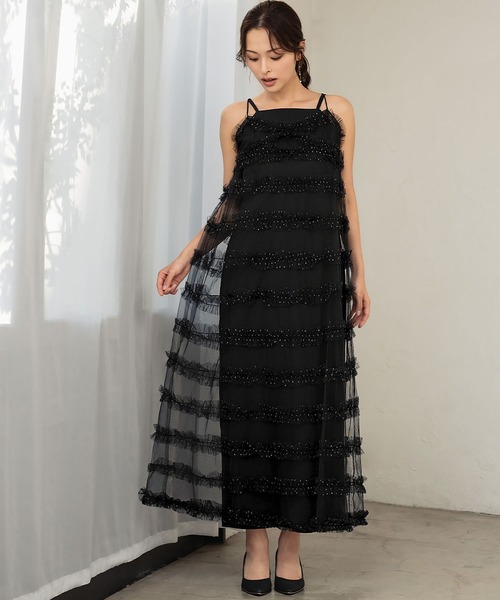 チュールレイヤードティアードワンピース サテンワンピース セット