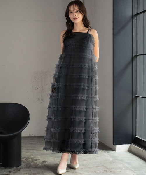 セール】チュールレイヤードティアードワンピース サテンワンピース