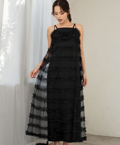 チュールレイヤードティアードワンピース サテンワンピース セット