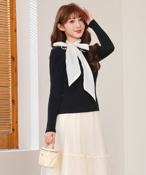 Anely(アネリー)の「チョーカー リボン パール リブ ニット トップス(ニット/セーター・レディース・ピンク/ブラック/アイボリー・FREE)」の17枚目の写真
