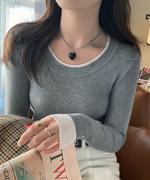 バイカラーラウンドネックニットトップス